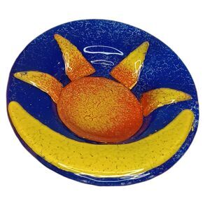 Fused Art Glass Cobalt Blue Yellow & Orange Sun Trinket Dish Catchall 4.25 x .5